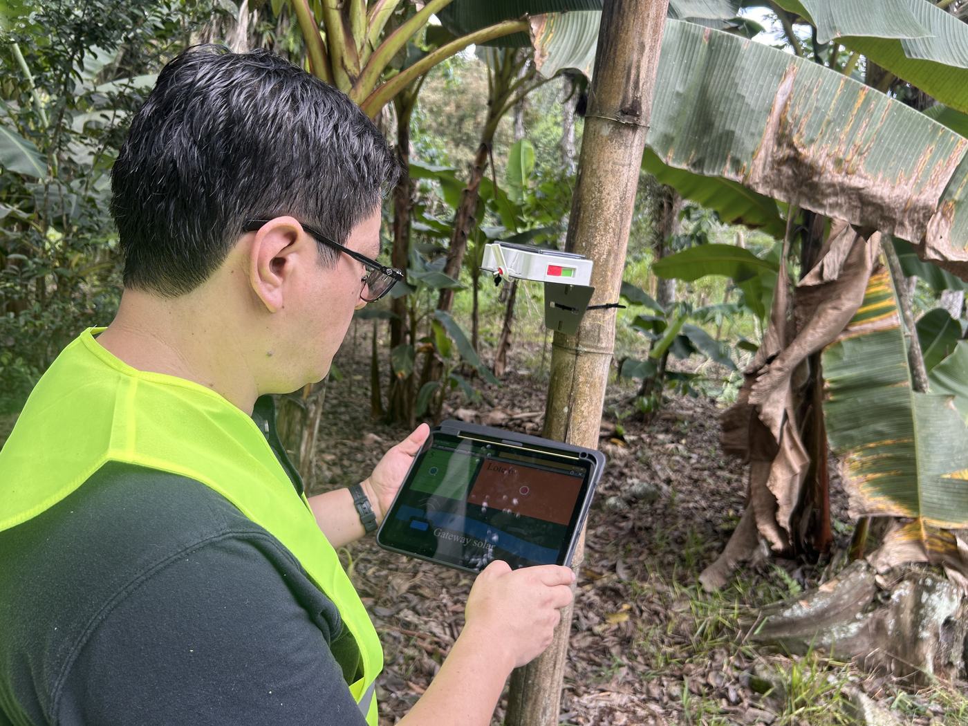 Close view of the solar gateway enclosure on the post with its status indicators visible, while plot readings are checked on a tablet.